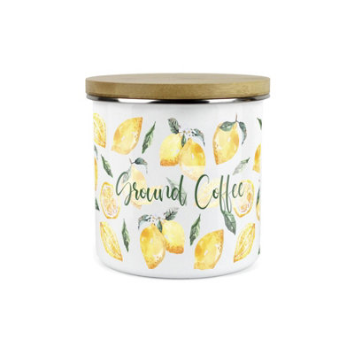 Purely Home Painted Lemons Ground Coffee CanisterWhite Metal Enamel Kitchen Food Storage Container from B&Q