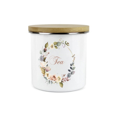 B&Q -  Floral Wreath Kitchen Tea Storage CanisterFloral Nature Metal Enamel Hot Drinks Storage Container