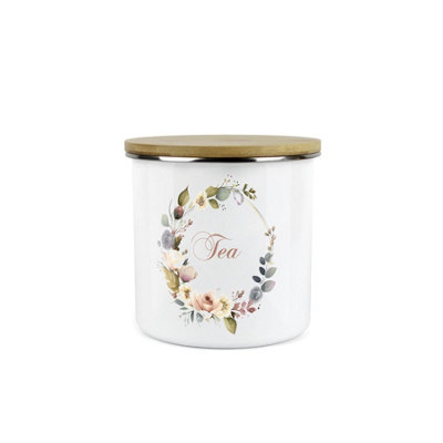Purely Home Flower Wreath Tea Storage CanisterFlowers & Foliage Kitchen Housewarming GiftsWhite Enamel Medium Kitchen Storage Container from B&Q