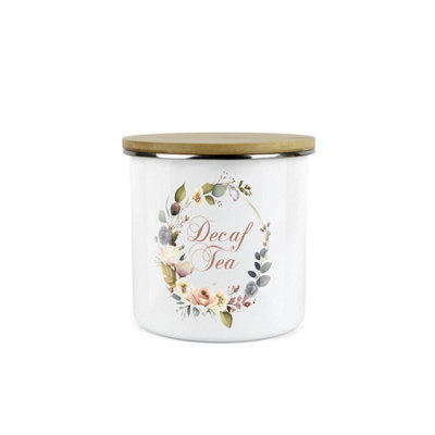 Purely Home Flower Wreath Decaf Tea Storage CanisterFlowers & Foliage Kitchen GiftsWhite Enamel Medium Sized Kitchen Storage Container from B&Q