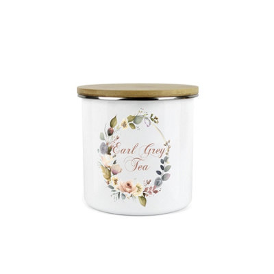 Purely Home Flower Wreath Earl Grey Tea Storage CanisterFlowers & Foliage Kitchen GiftWhite Enamel Medium Sized Kitchen Container from B&Q