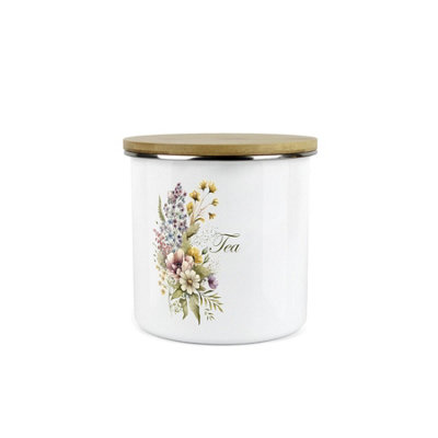 Purely Home White Flower Bouquet Tea Storage Canister - Floral Kitchen Housewarming Gift - Metal Enamel Sized Kitchen Storage Container Medium