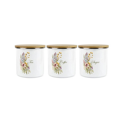 Purely Home Flower Bouquet TeaCoffee & Sugar Storage Canisters SetKitchen GiftWhite Enamel Medium Kitchen Storage Containers Pack Of 3 from B&Q