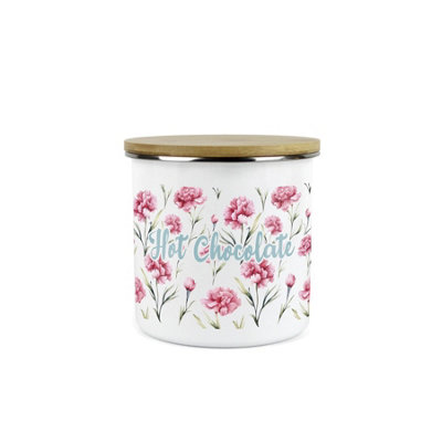 B&Q -  Carnation Flowers Hot Chocolate Storage CanisterPink & Blue Floral Kitchen GiftWhite Enamel Medium Kitchen Storage Container