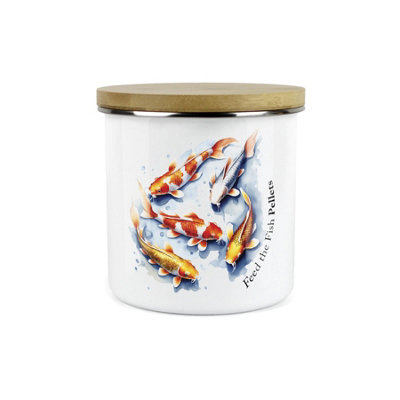 B&Q -  Fish Feed Pellets Storage CanisterFeed The Fish Metal Enamel Pet Food Large Storage Container