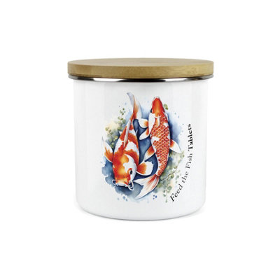 B&Q -  Fish Feed Tablets Storage CanisterFeed The Fish Metal Enamel Pet Food Large Storage Container