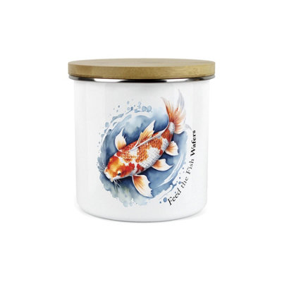 B&Q -  Fish Feed Wafers Storage CanisterFeed The Fish Metal Enamel Pet Food Large Storage Container