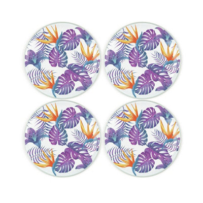 Purely Home Tropical Leaves CoastersRound Glass Purple Flowers Drinks Coaster Set Of 4 from B&Q