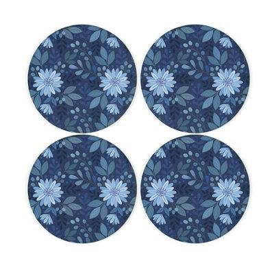 Purely Home Dark Blue Flowers Glass Coaster SetRound Drinks Coasters Set Of 4 from B&Q