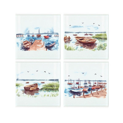 Purely Home Seaside Boats Coaster SetSquare Glass Painted Sailing/row BoatsSet Of Four (4) Coasters from B&Q