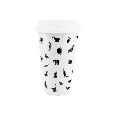 Purely Home Origami Black & White Ceramic Travel MugWildlife Animals / Sealife Themed Silicone Lid Double-Walled Insulated Drinks Gift Mug