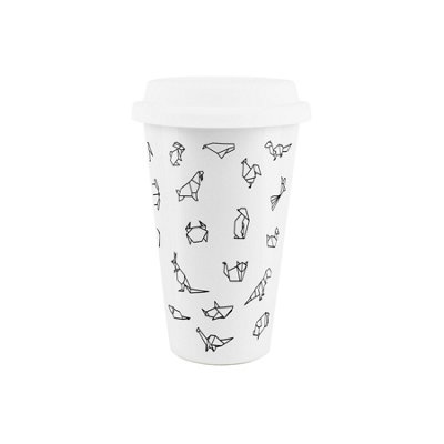 Purely Home Origami White Ceramic Travel MugWildlife Animals / Sealife Themed Reusable Silicone Lid Double-Walled Insulated Drinks Gift Mug