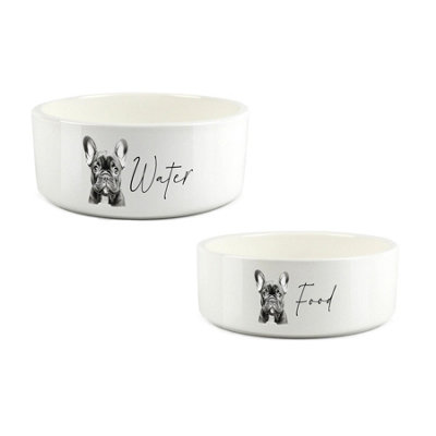 Purely Home Frenchie Food & Water Bowl Set - White Ceramic Dog Bowls - 500ml Food Bowl, 1L Water Bowl - Image 3