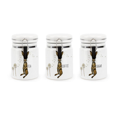 Purely Home Hares & Dandelions Tea Coffee & Sugar Ceramic CanistersKitchen Storage Containers With Clip Lid 400MlSet Of 3 from B&Q