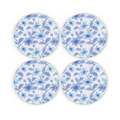 Purely Home Monochrome Blue Flowers Coaster SetRound Glass Floral Design GiftSet Of Four (4) Drinks Coasters from B&Q