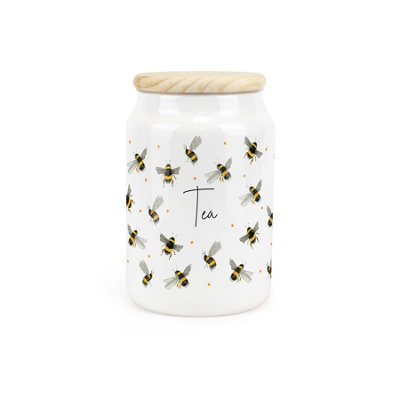 Purely Home Scattered Bees Ceramic Tea Storage CanisterBumblebee Ceramic Kitchen Food Storage Container & Wooden Lid 600Ml (14.5Cm X 9.5Cm) from B&Q