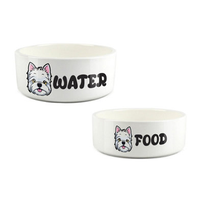Purely Home Cartoon West Highland Terrier Food & Water Bowl Set from B&Q