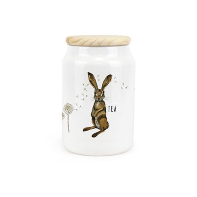 Purely Home Hares & Dandelions Ceramic Tea Storage CanisterFloral Hares Kitchen Storage Container & Wooden Lid 600Ml (14.5Cm X 9.5Cm) from B&Q