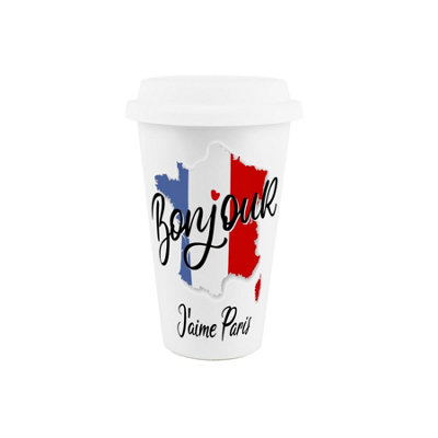 Purely Home Paris Map Ceramic Travel MugBonjour Map Of FranceFrench Themed Reusable Silicone Lid Double-Walled Insulated Drinks Gift Mug