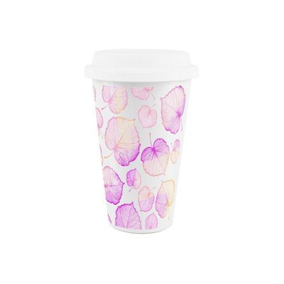 Purely Home Delicate Spring Leaves Ceramic Travel MugPink/purple Foliage Reusable Silicone Lid Double-Walled Insulated Drinks Gift Mug from B&Q