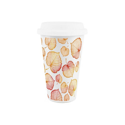 Purely Home Delicate Autumn Leaves Ceramic Travel MugOrange/red Foliage Reusable Silicone Lid Double-Walled Insulated Drinks Gift Mug from B&Q