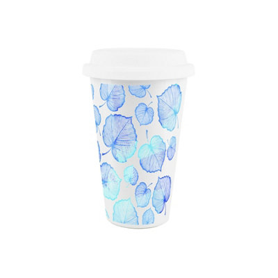 Purely Home Delicate Winter Leaves Ceramic Travel MugBlue Foliage Reusable Silicone Lid Double-Walled Insulated Hot/cold Drinks Gift Mug from B&Q