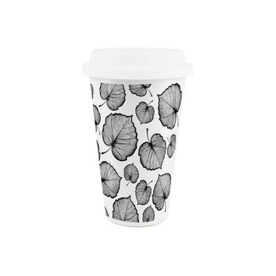 Purely Home Delicate Leaves Ceramic Travel MugBlack & White Foliage Reusable Silicone Lid Double-Walled Insulated Hot/cold Drinks Gift Mug from B&Q