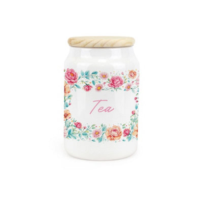 Purely Home Flower Border Ceramic Tea Storage CanisterFloral Artwork Kitchen Food Storage Container & Wooden Lid 600Ml (14.5Cm X 9.5Cm) from B&Q