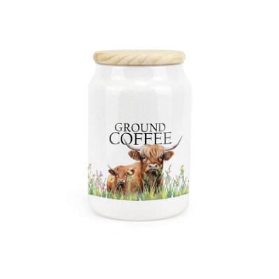 Purely Home Highland Cow Ceramic Ground Coffee CanisterMum & Calf Farmyard Kitchen Storage Container & Wooden Lid 600Ml (14.5Cm X 9.5Cm) from B&Q