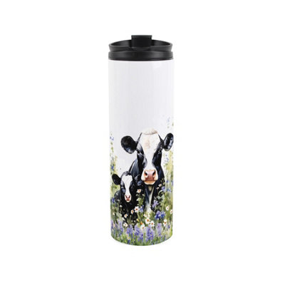 Purely Home Friesian Cow & Calf Travel MugBlack & White Cow Farm GiftStainless Steel Vacuum-Sealed Double-Walled Hot/cold Drinks Flask
