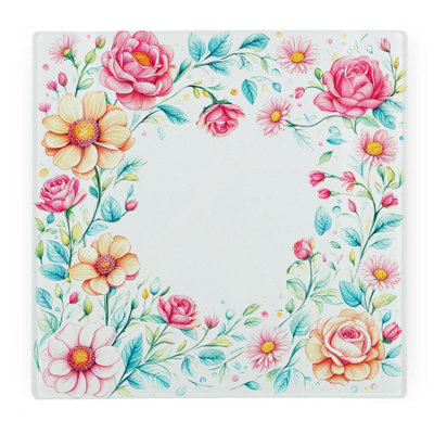 Purely Home Pink Floral Glass Worktop SaverPastel Flower GiftsKitchen Chopping Board Worktop Protector With Non-Slip Feet from B&Q