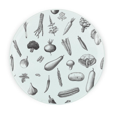 Purely Home Black & White Vegetables Round Worktop Protector - Textured Glass Chopping Board - Black - Image 3