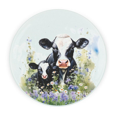 Purely Home Friesian Cow & Calf Round Worktop ProtectorTextured Glass Chopping Board from B&Q