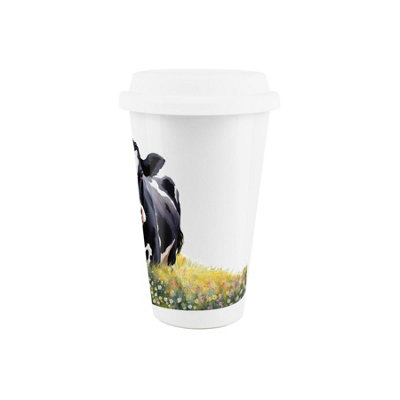 Purely Home Friesian Cow Ceramic Travel MugBlack & White Cow Floral Field Reusable Silicone Lid Double-Walled Insulated Drinks Gift Mug