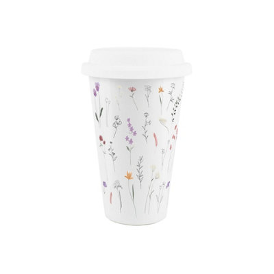 Purely Home Line Flowers Ceramic Travel MugDelicate Floral Meadow Reusable Silicone Lid Double-Walled Insulated Hot/cold Drinks Gift Mug from B&Q