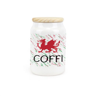 Purely Home Welsh Dragon Ceramic Coffee CanisterCoffi Wales Souvenir Themed Kitchen Storage Container & Wooden Lid 600Ml (14.5Cm X 9.5Cm) from B&Q