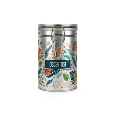 Purely Home Tropical Flowers Decaf Tea Canister - Silver Metal Clip Lid Kitchen Food Storage Jar/container 600Ml (14Cm X 8.5Cm)