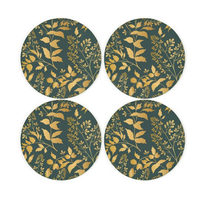 B&Q -  Green & Gold Foliage Coaster SetRound Glass Set Of Four Coasters
