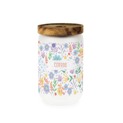 Purely Home Colourful Flowers Glass Coffee Storage JarWatercolour Floral Kitchen Food Canister/container & Wooden Lid 750Ml (15.5Cm X 9Cm) from B&Q