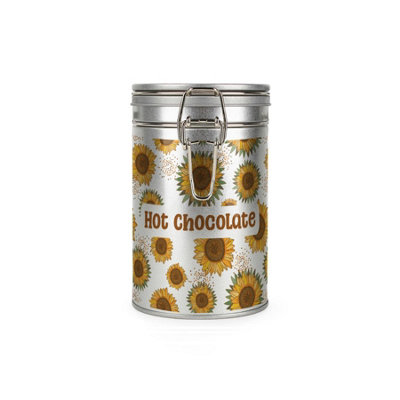 B&Q -  Sunflowers Hot Chocolate CanisterSilver Metal Clip Lid Kitchen Food Storage Jar/container 600Ml (14Cm X 8.5Cm)