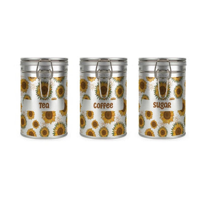 Sunflowers Tea, Coffee & Sugar Canisters Set - Silver Storage Gift Tins - Image 3