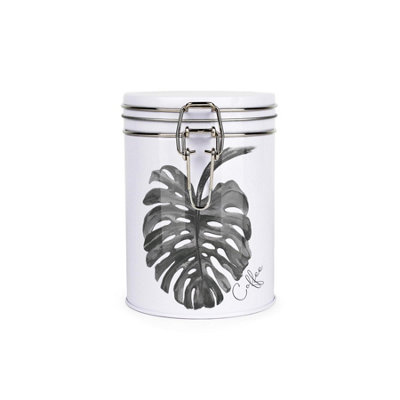 Purely Home Rhiannon Chauncey Leaves Artwork Coffee CanisterWhite Metal Clip Lid Kitchen Food Storage Jar/container 700Ml (13Cm X 9.5Cm) from B&Q