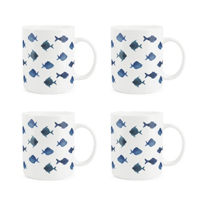 Purely Home Blue Fish Bone China MugsSet Of 4 from B&Q
