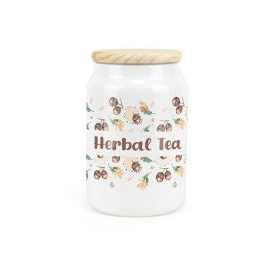Purely Home Acorns & Oak Leaves Ceramic Herbal Tea CanisterFoliage Artwork Kitchen Storage Container & Wooden Lid 600Ml (14.5Cm X 9.5Cm) from B&Q