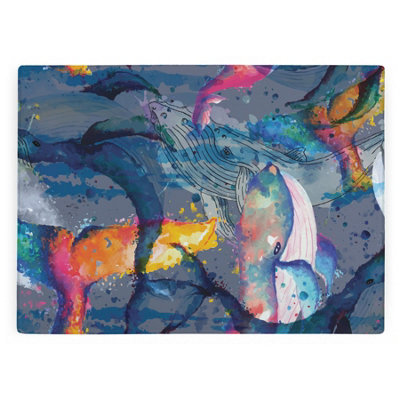 Purely Home Painted Whales Large Smooth Glass Worktop Protector - Kitchen Chopping Board - Blue - Image 3