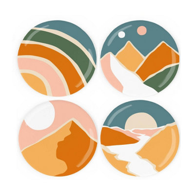 Purely Home Abstract Landscapes Ceramic Coaster SetModern Art Decor Set Of Four (4) Round Coasters Gift from B&Q