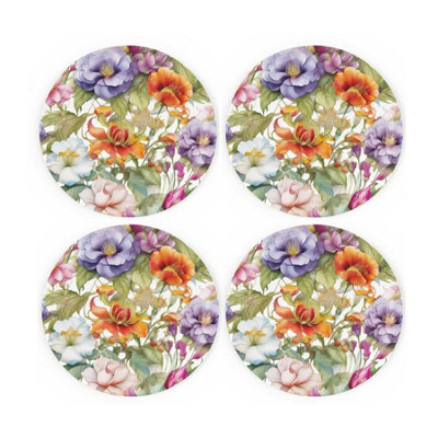 Purely Home Floral Ceramic Coaster SetDetailed Floral Print Set Of Four (4) Round Coasters Gift from B&Q