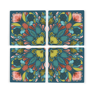 Purely Home Mosaic Floral Coaster Set - Foliage Themed Set Of 4 Square Ceramic Coasters - Blue - Image 3