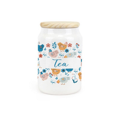 Purely Home Botanical Chickens Ceramic Tea CanisterHens & Flowers Artwork Kitchen Storage Container & Wooden Lid 600Ml (14.5Cm X 9.5Cm) from B&Q