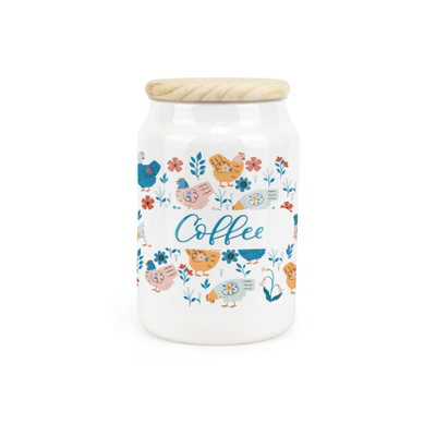 Purely Home Botanical Chickens Ceramic Coffee CanisterHens & Flowers Artwork Kitchen Storage Container & Wooden Lid 600Ml (14.5Cm X 9.5Cm) from B&Q